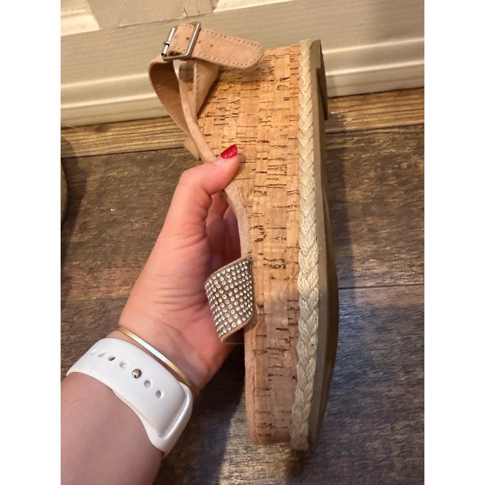 Madden NYC Womens Rhinestone Cork Wedge Sandals Nude Pink Size 10W‎ Wide